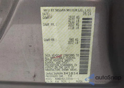 2015 Nissan Altima 2.5 Sl z USA, uszkodzony, nr VIN 1N4AL3APXFN345854